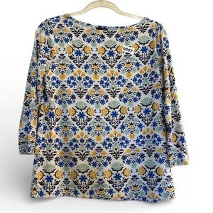 Ann Taylor Blue and Yellow Floral Blouse women’s M 3/4 sleeves boat neck Boho